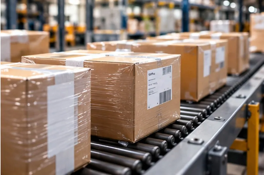 Konveyör bandında streç filmli e-ticaret kolileri